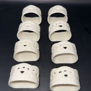 Set of 8 Skye McGhie Porcelain Napkin Rings Cream Lace Pattern Off White Holders